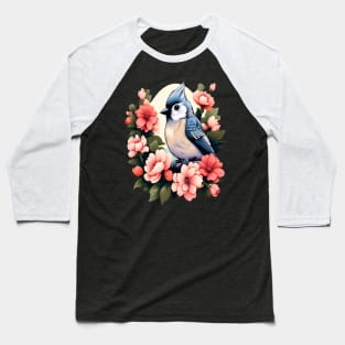 Cute Tufted Titmouse Surrounded by Vibrant Spring Flowers Baseball T-Shirt